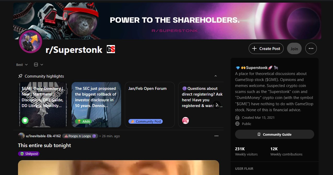 Full Superstonk subreddit screenshot showing the community description in context
