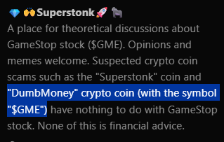 Cropped Superstonk community description highlighting the DumbMoney crypto coin warning